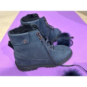 New Jimmy Choo Leather Boots Size 7 Lamb Shearling Fur Pom Pom Made in Italy